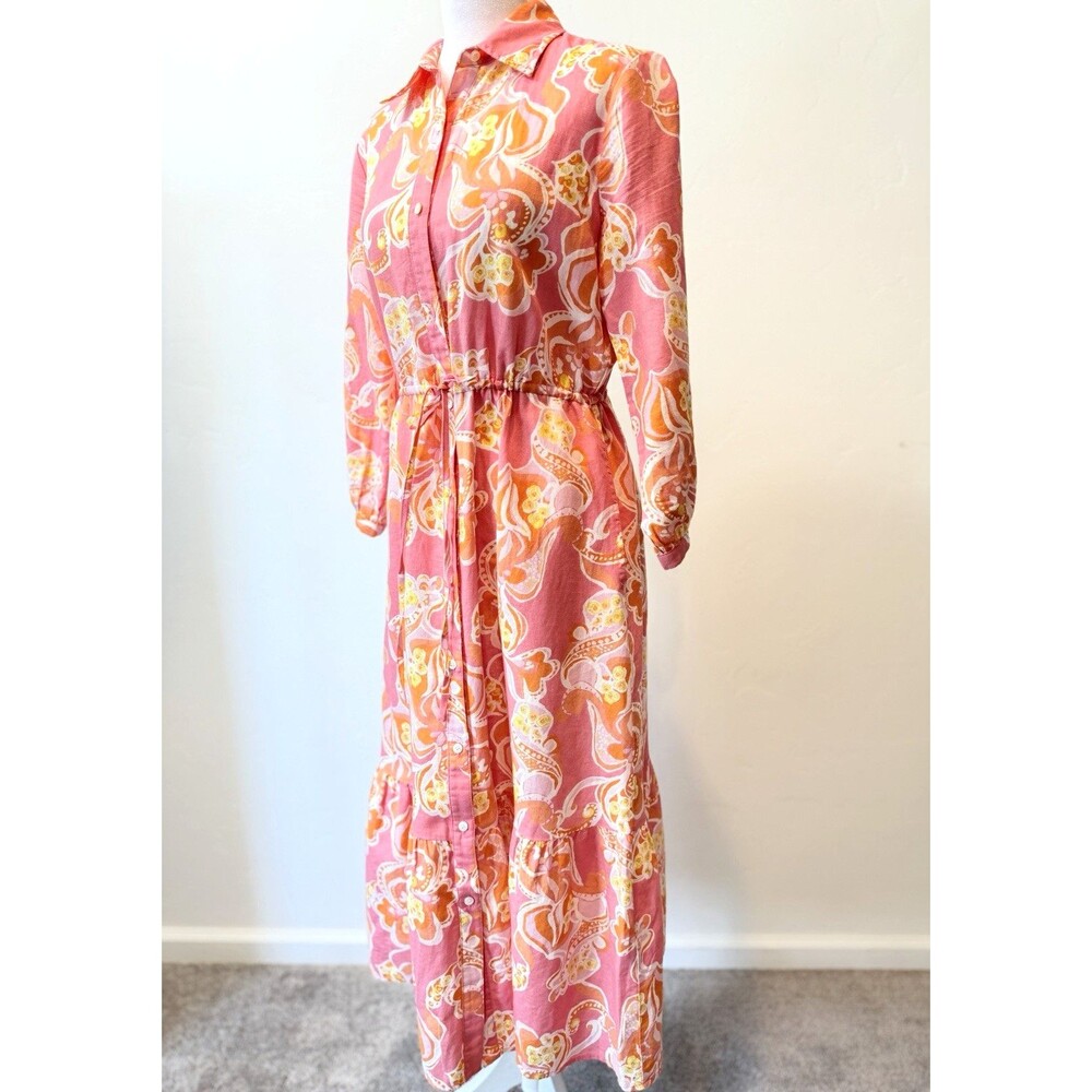 J.McLaughlin Women's Shirt Dress XS Pink Orange Abstract Print Midi Maxi - Picture 5 of 12
